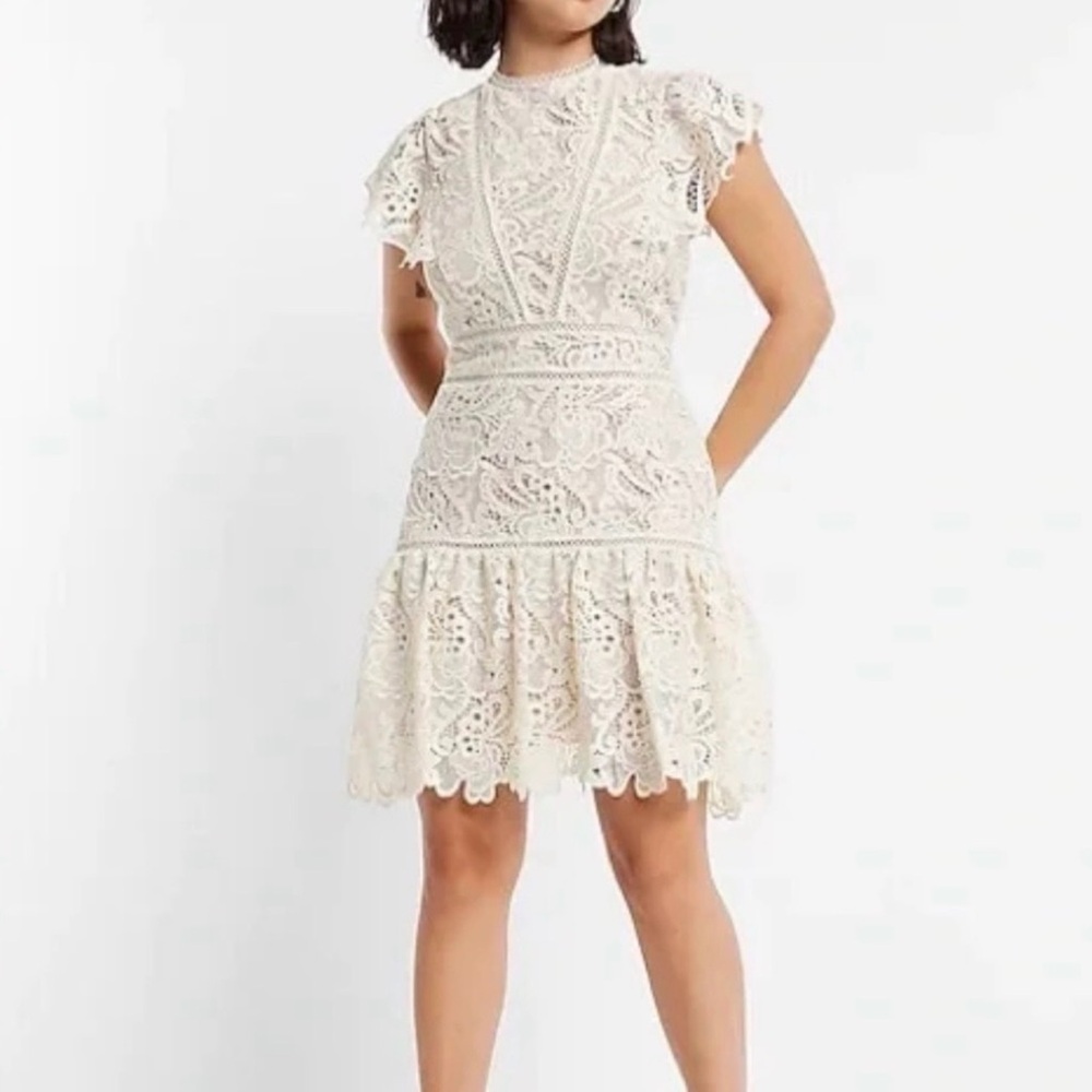 Express Cream Lace Flutter Dress